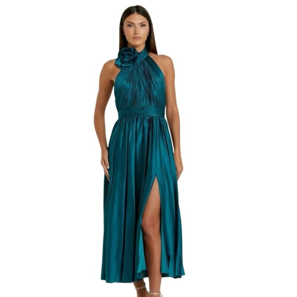 Ieena for Max Duggal Teal Pleated Charmeuse High Neck Sleeveless Dress NWT 12